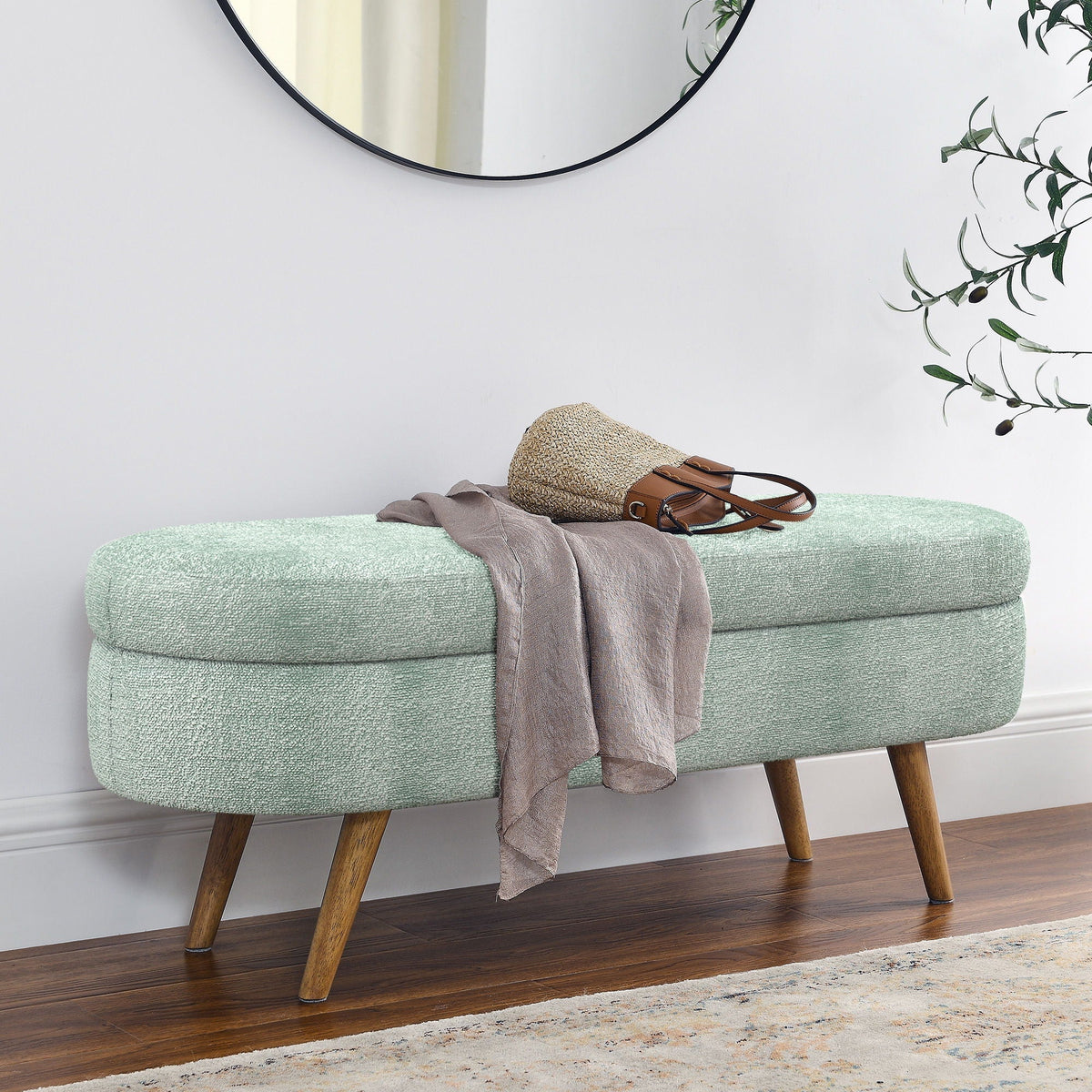 Modern Ottoman Oval Storage Bench with Rubber Wood Legs - Blue, Green, Light Brown, photo 5 of 10