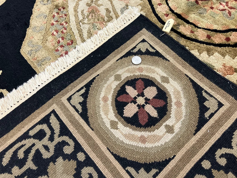 Tibetan Rug 8x10, Nepali Area Rug, Soft New Zealand Wool Carpet 8 x 10 ft, Black Tan Beige, Vintage Handmade Rug, French Aubusson Pattern by Jewel Rugs