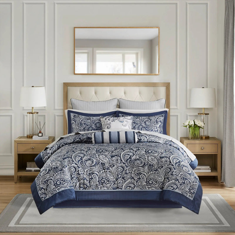 12 Piece Comforter Set with Cotton Bed Sheets Navy King by HouseOfZazla