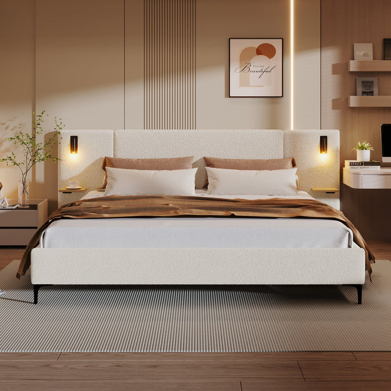 Chic Boucle Upholstered Bed with Integrated Lights and Shelves