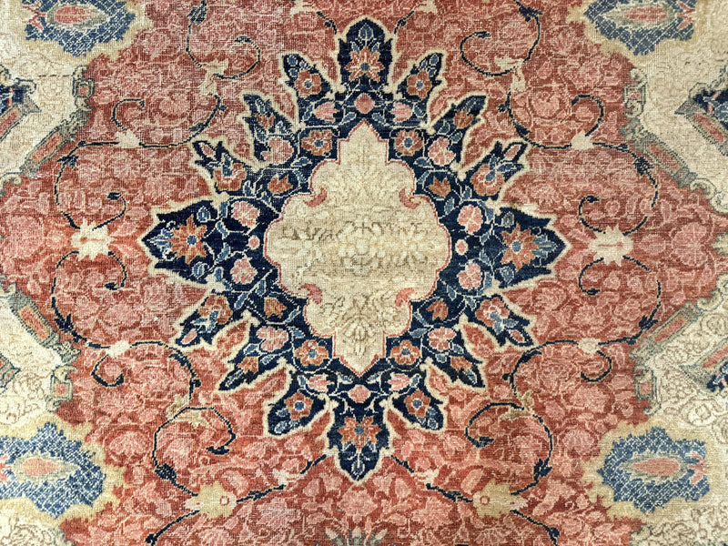 Antique Persian Sarouk Rug 9x12, Boteh Paisleys, Light Red Navy Blue by Jewel Rugs