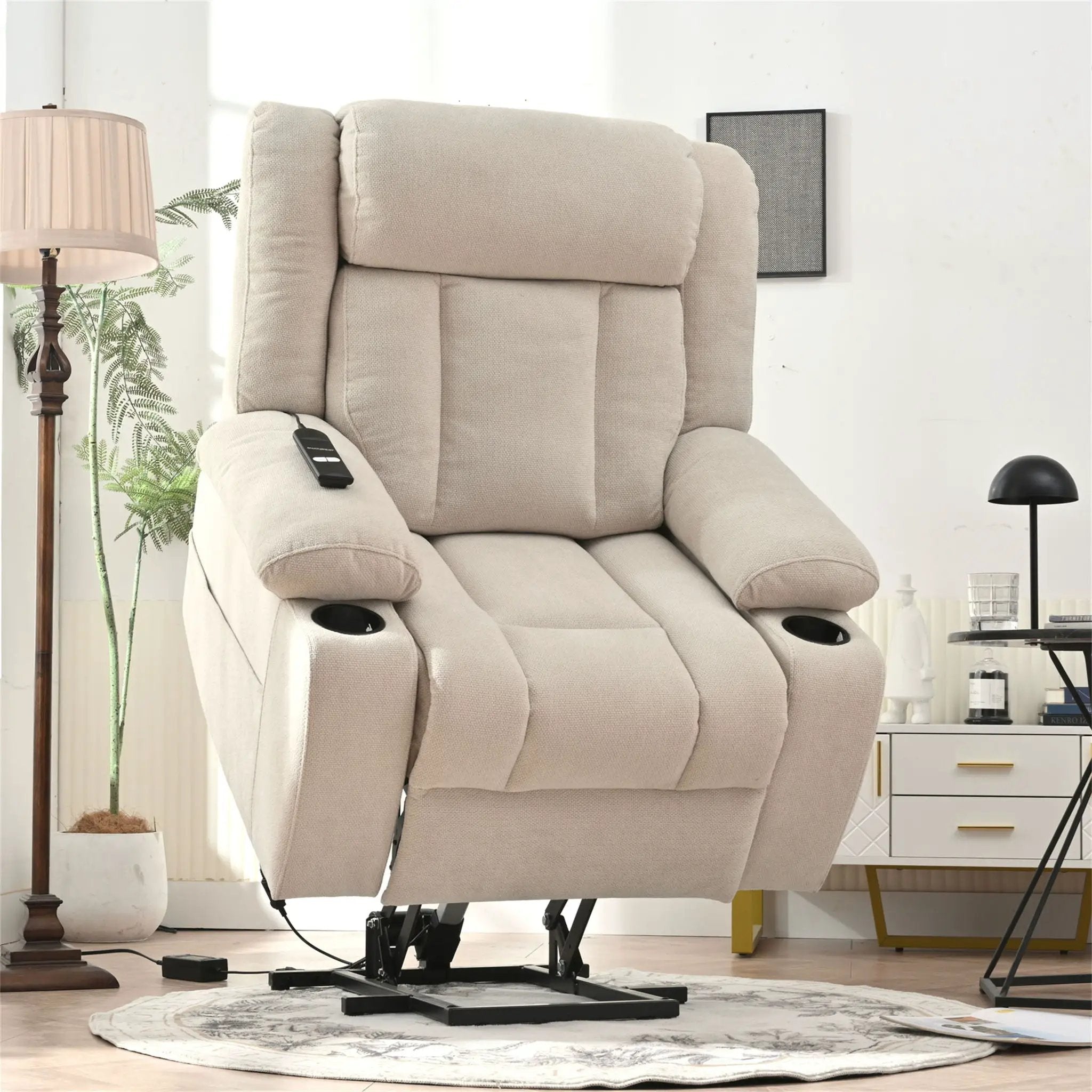 Power Lift Recliner Chair With Extended Footrest, Remote Control, Cup Holders, And Side Pockets by HouseOfZazla