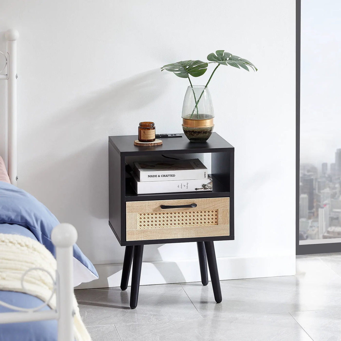 15.75" Rattan End Table With Power Outlet & USB Ports, Modern Nightstand With Drawer And Solid Wood Legs, Side Table For Living Room, Bedroom by HouseOfZazla