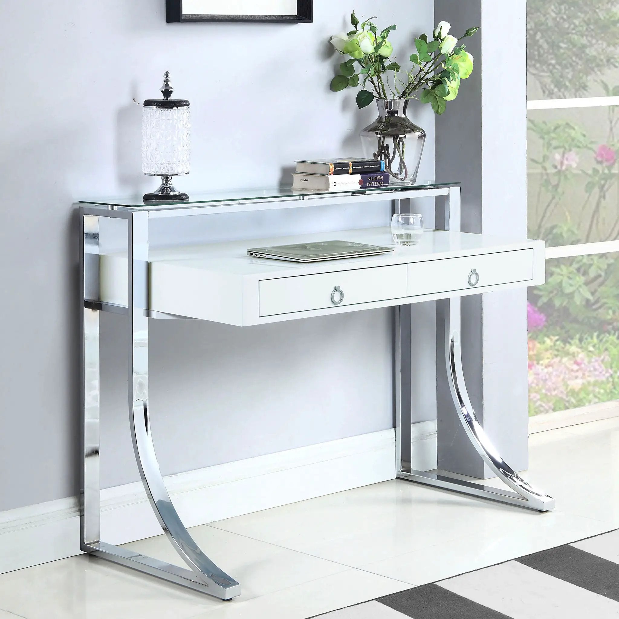 Serrano - 2 Drawer Writing Desk With Polished And Tempered Glass Hutch - Glossy White by HouseOfZazla