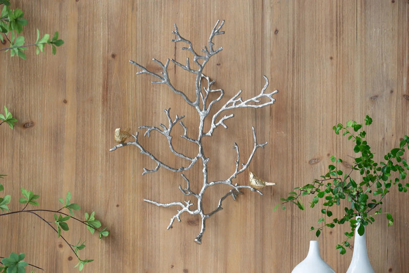 Metal Branch Wall Sculptures With Bird Accents (Set of 2) - Silver Multi by HouseOfZazla