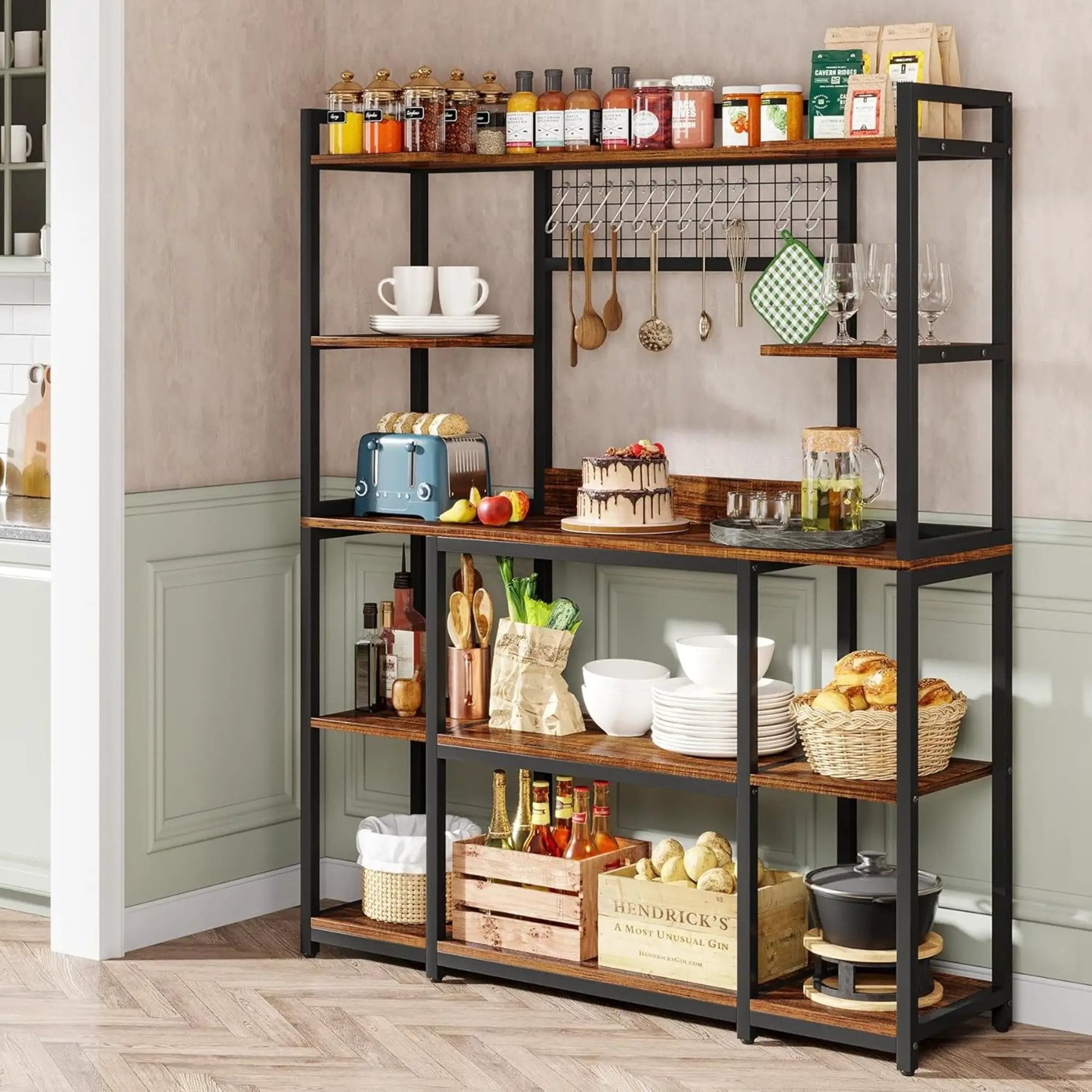 Baker's Rack With Hutch, 5 Tier Kitchen Storage Shelf, Freestanding Utility Pantry Organizer With Hooks And Microwave Stand - Black by HouseOfZazla