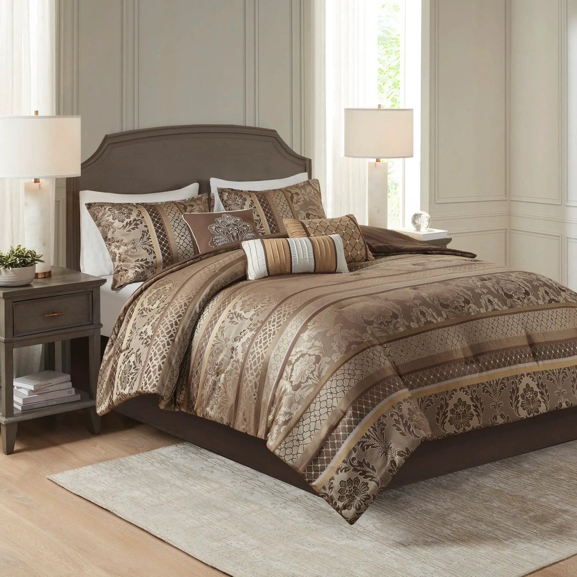 7 Piece Jacquard Comforter Set Brown/Gold Queen by HouseOfZazla
