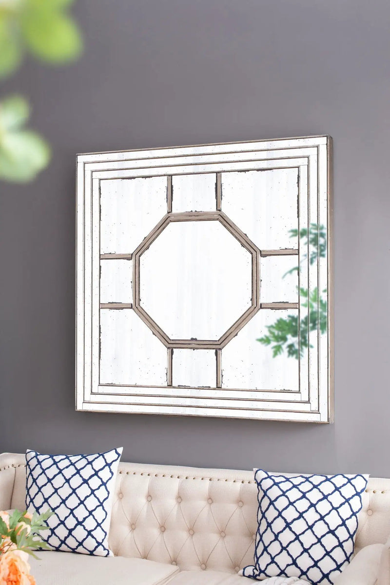 Antique Style Decorative Square Wall Mirror With Mirrored Frame, Wall Decor For Living Room Entryway, Console Lean Against Wall - Silver by HouseOfZazla