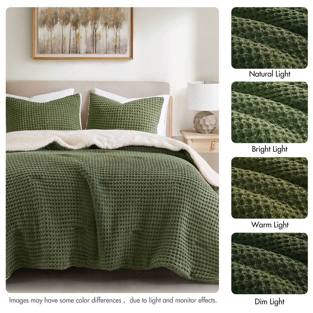 3 Pieces Full/Queen Waffle Knit Chenille Comforter Set in Olive, photo 2 of 10