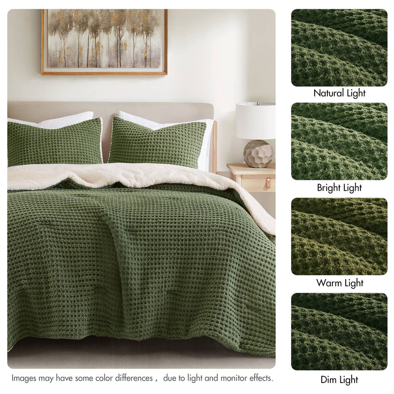 3 Pieces Full/Queen Waffle Knit Chenille Comforter Set in Olive, photo 2 of 10