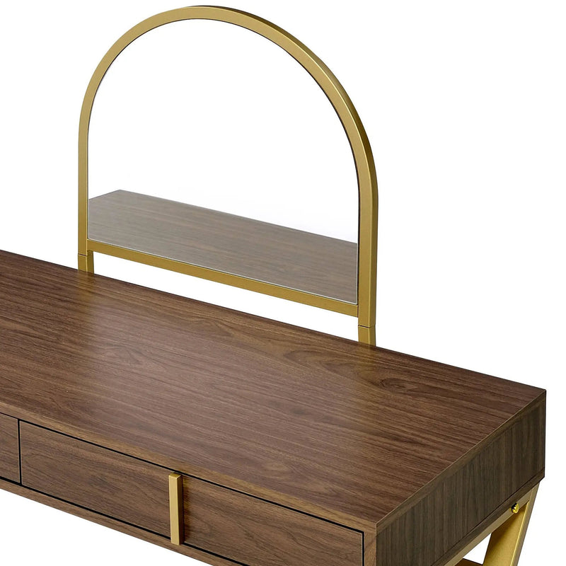 Coleen Walnut & Gold Finish Vanity Desk with Mirror & Jewelry Tray by HouseOfZazla