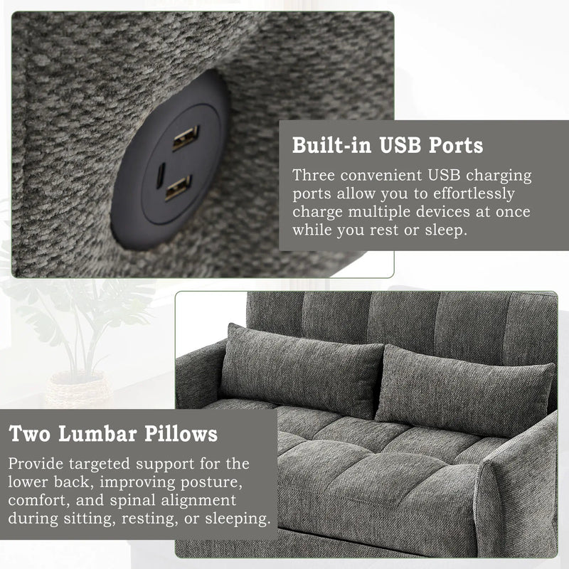Loveseat Sofa Pull-Out Bed With Adjustable Backrest, 3 USB Ports And 2 Lumbar Pillows For Living Room by HouseOfZazla