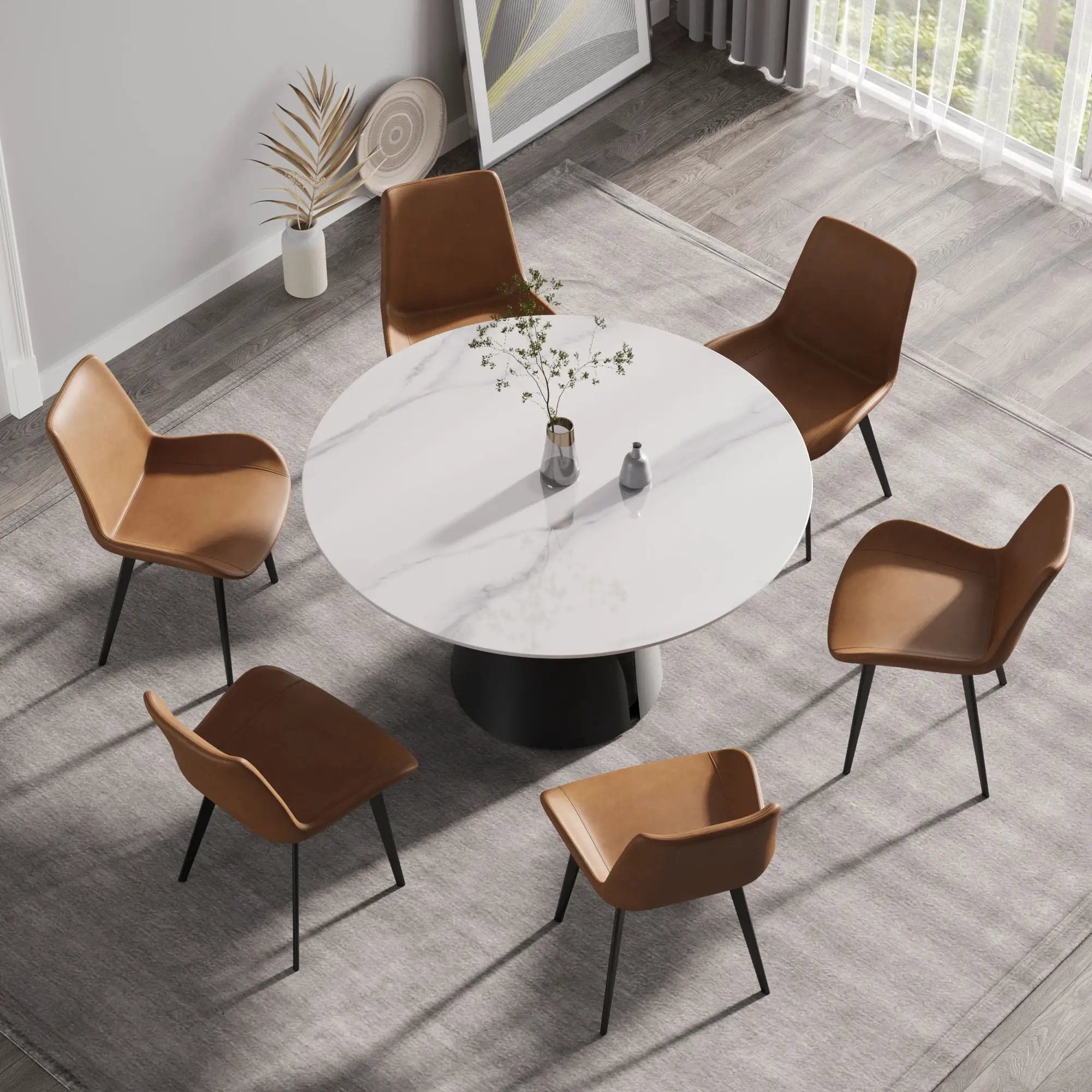 53.15" Modern Artificial Stone Round Carbon Steel Base Dining Table, Can Accommodate 6 People - White / Black by Unique Piece Furniture