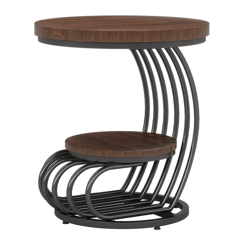 Round Vintage End Table With 2 Tier Storage
