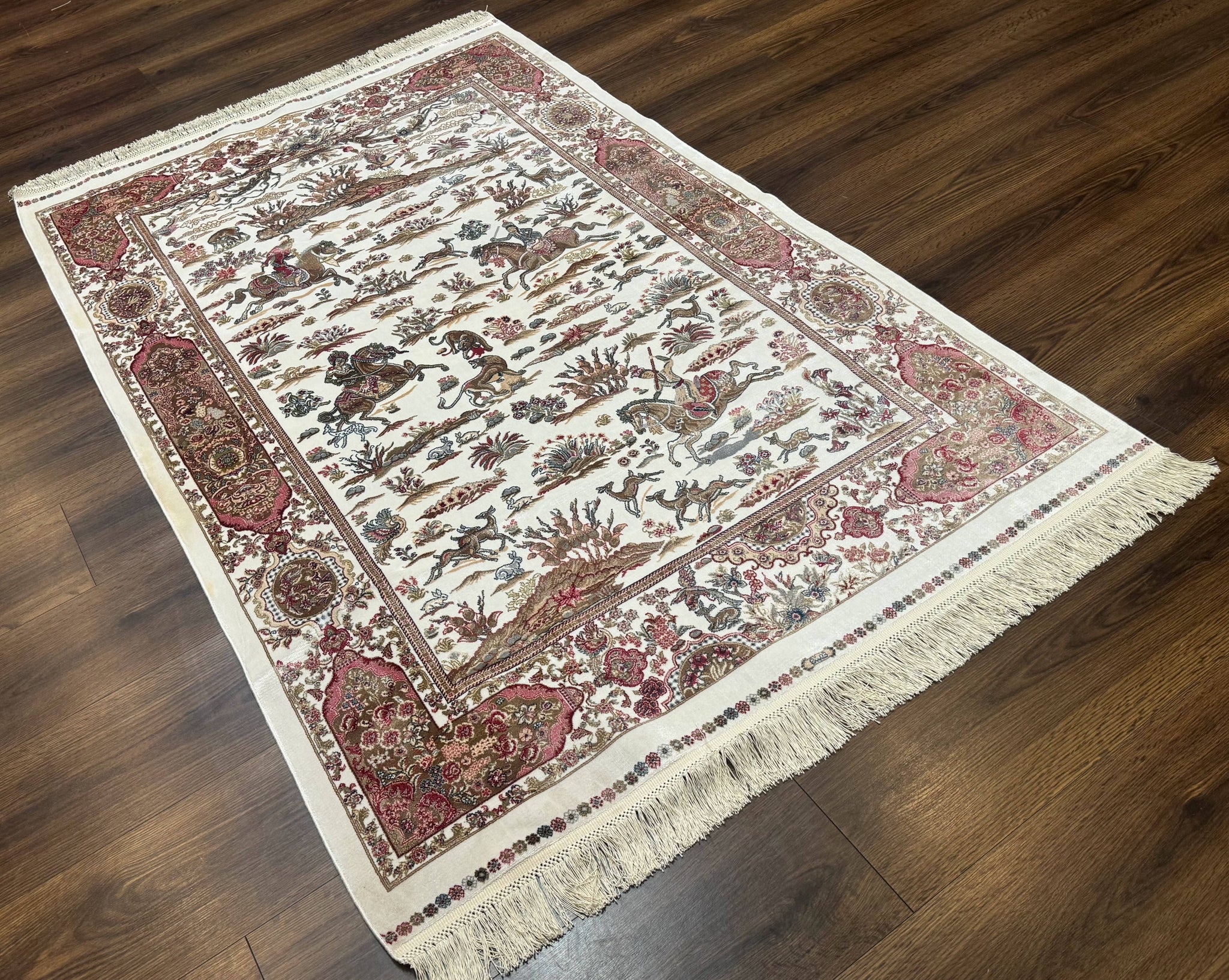 Turkish Silk Hunting Scene Rug 4x6, Ivory, Bamboo Silk, New by Jewel Rugs