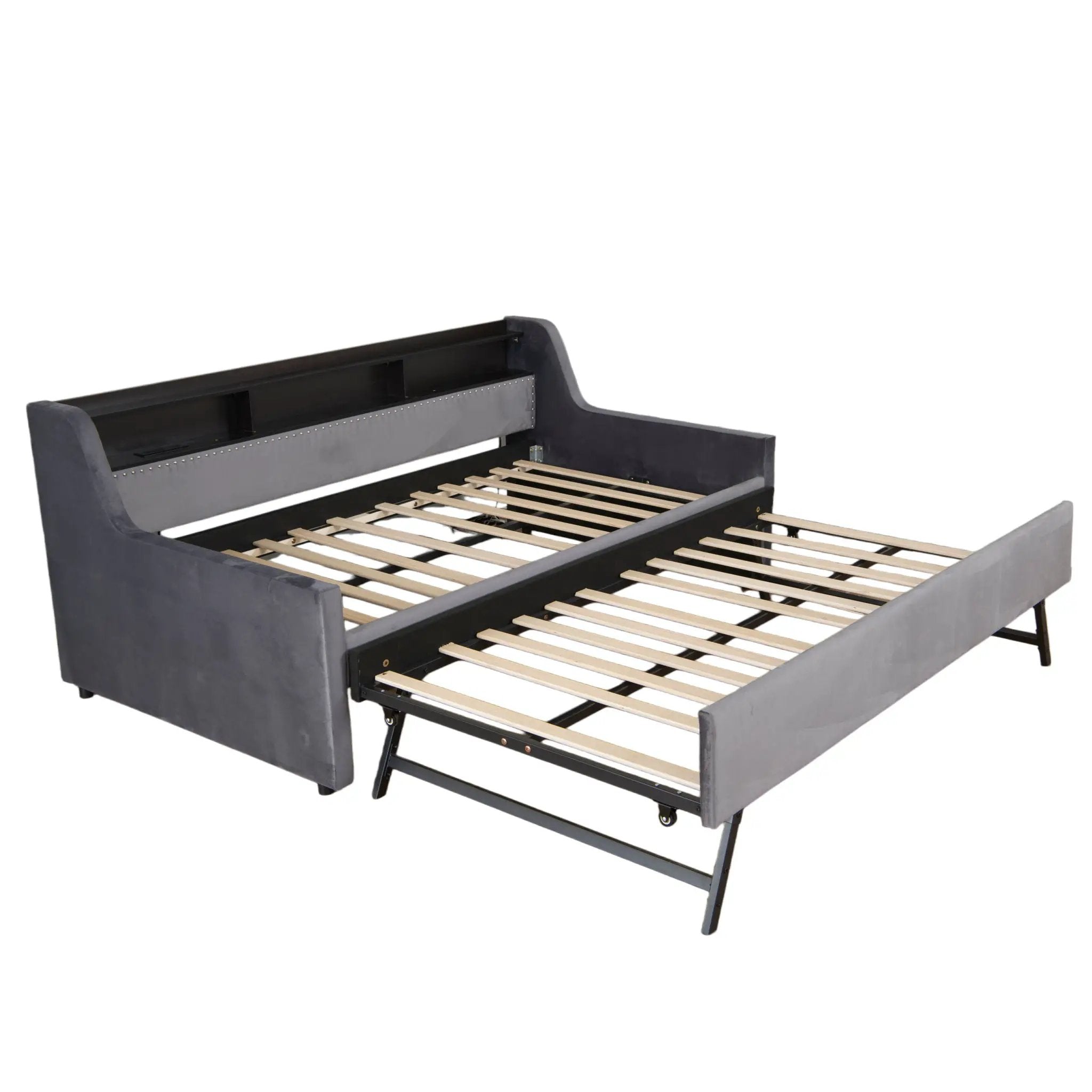 Twin Size Daybed With Trundle With LED Light ＆ Charging Station - Dark Gray by Unique Piece Furniture
