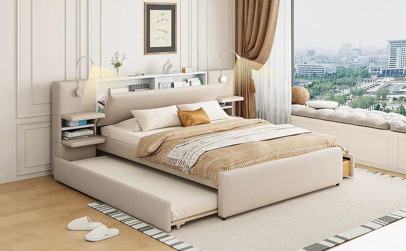 Upholstered Platform Bed With Reading Lights, Drawers, Trundle And Shelves by HouseOfZazla