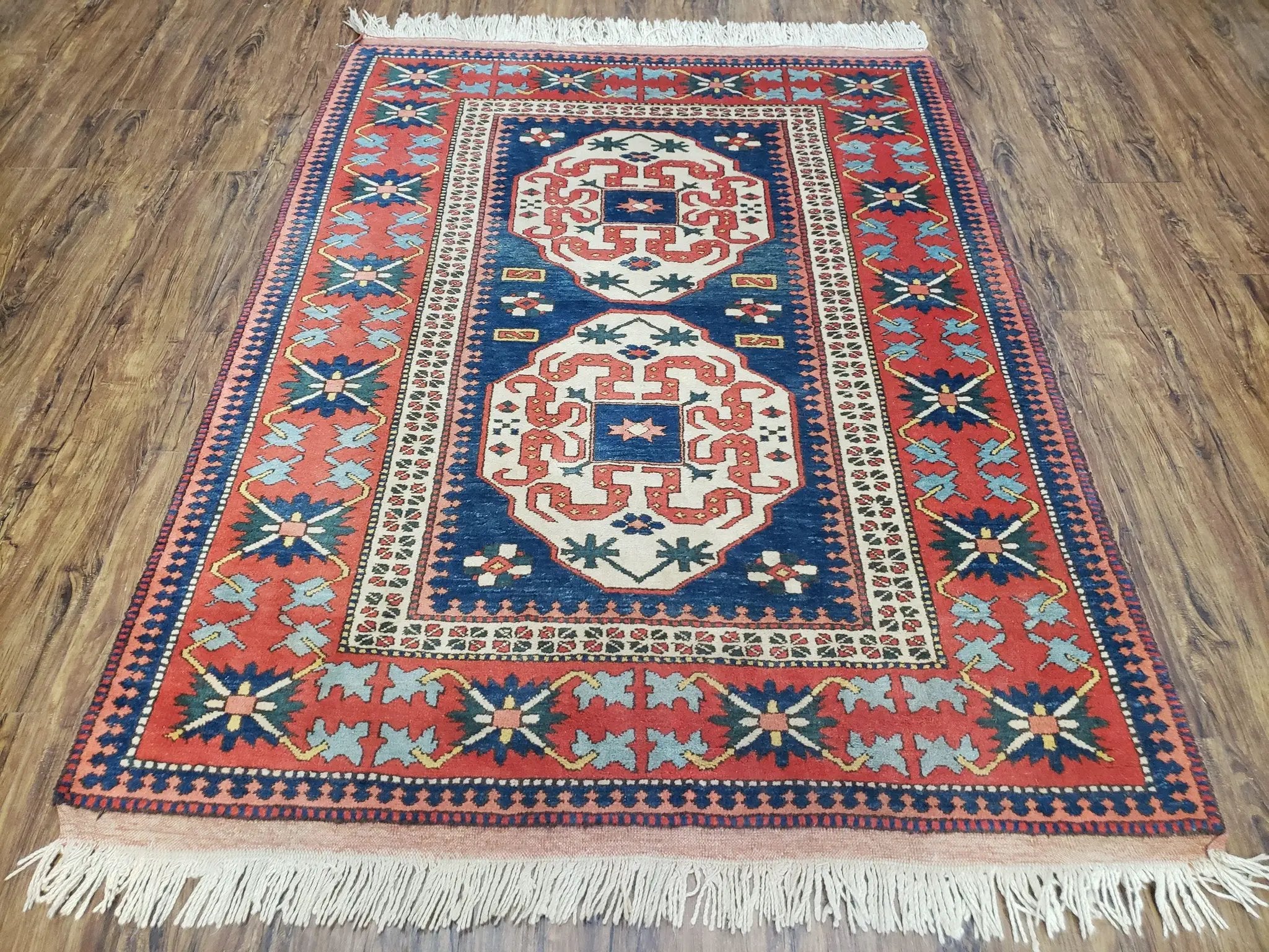Turkish Kazak Rug 5x6 Vintage Handmade Wool Carpet Geometric Blue Red by Jewel Rugs
