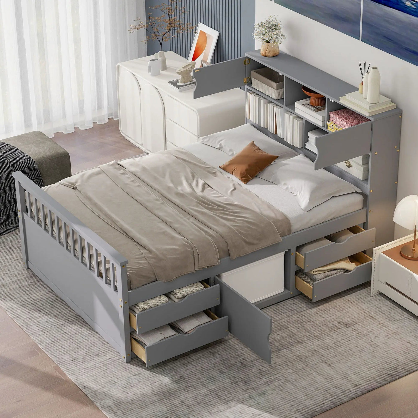 Captain Platform Bed Frame With Bookcase Headboard, 4 Drawers, Storage Shelves by HouseOfZazla
