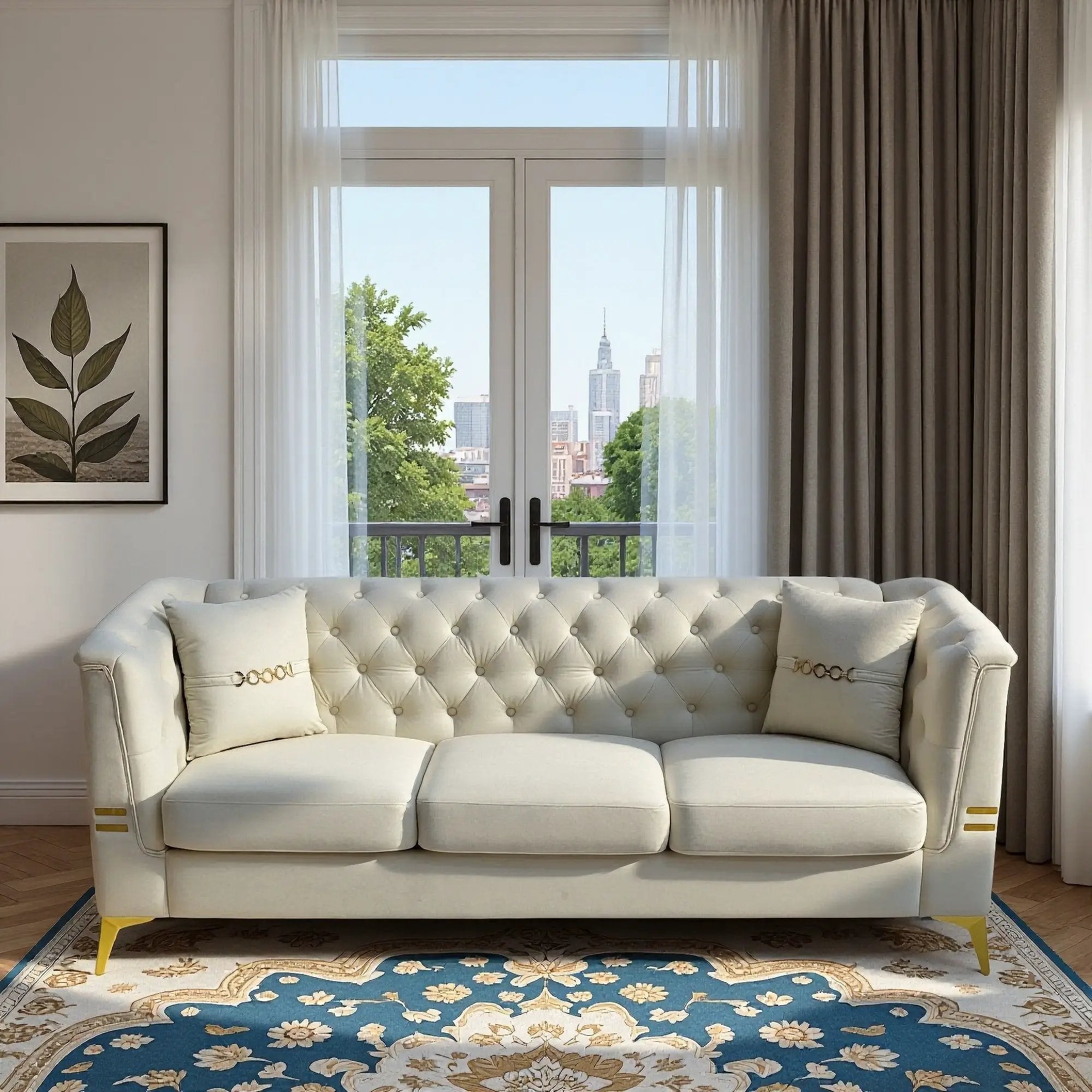 Modern Tufted Velvet Sofa with Gold Accents, 3-Seater by HouseOfZazla