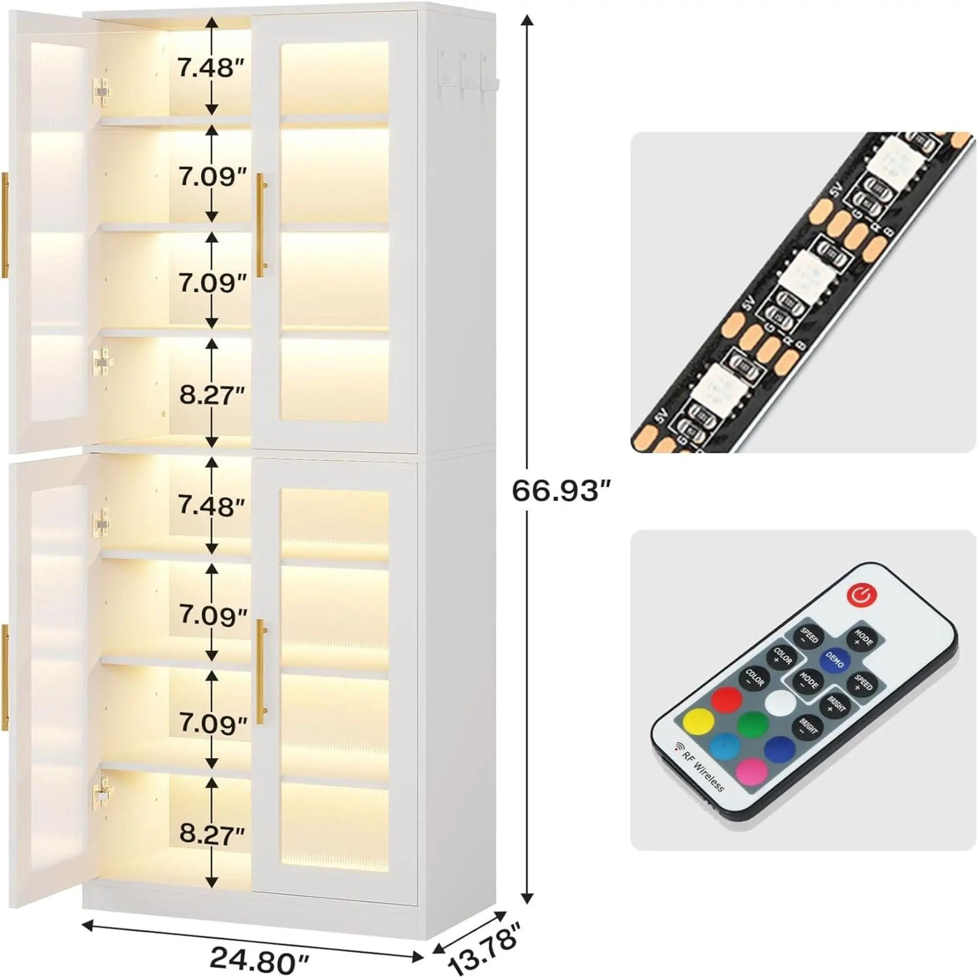 Bookcase With Doors And LED Lighting, 8 Adjustable Shelves Storage Cabinet by HouseOfZazla