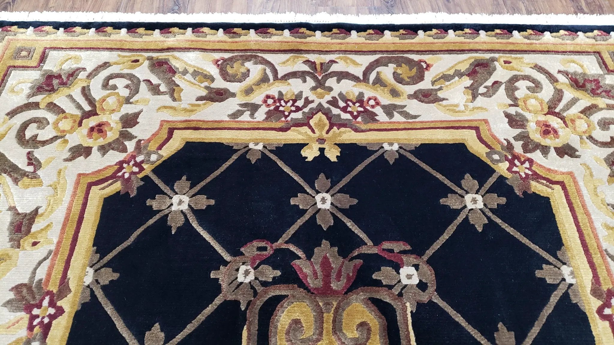 Nepal Rug 6x9, Nepalese Aubusson Area Rug 6 x 9, Hand-Knotted Wool Soft Pile Black & Beige Tibetan Aubusson New Carpet European Savonnerie by Jewel Rugs