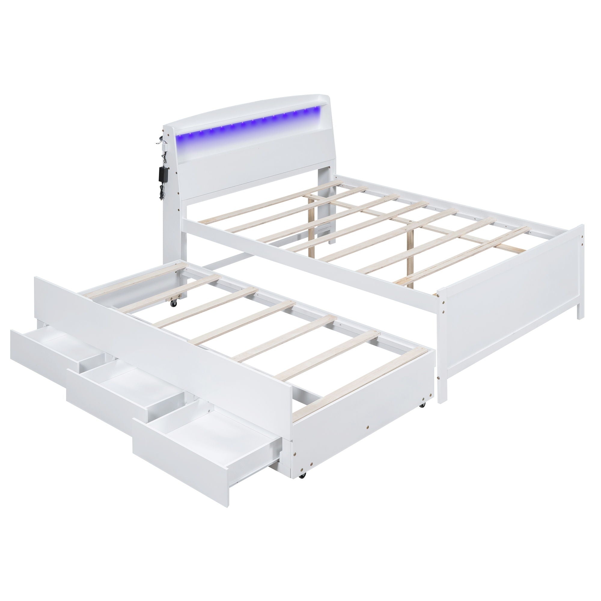 Full Size Platform Bed With Storage LED Headboard, Twin Trundle And 3 Drawers - White by HouseOfZazla