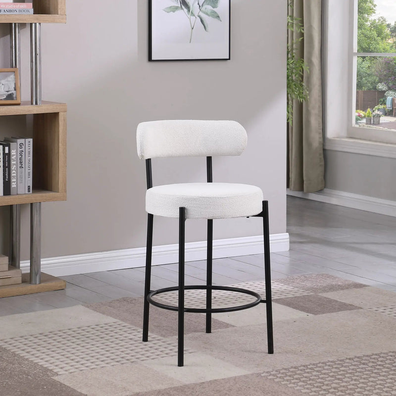 Modern Sherpa Counter Height Stools, Uphsoltered Seat Height Barstools With Brushed Brass Metal Legs Round Low Back Kitchen Stools With Footrest For Dining Room (Set of 2) by Unique Piece Furniture