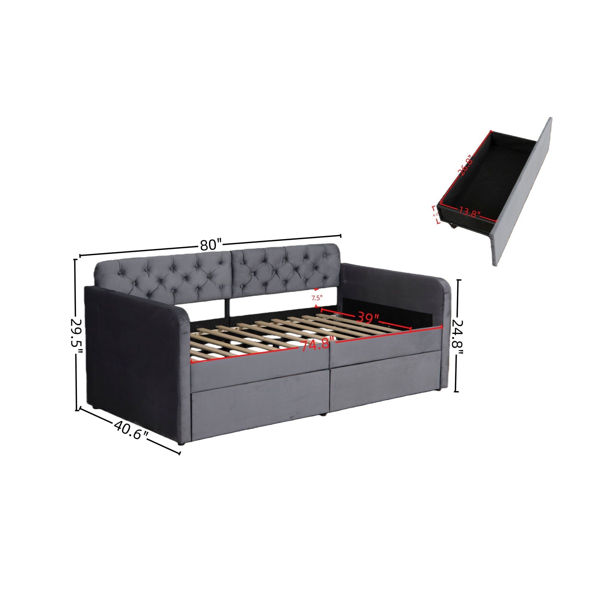 Twin Size Upholstered Daybed With 2 Storage Drawers And USB Charging Design - Gray by HouseOfZazla