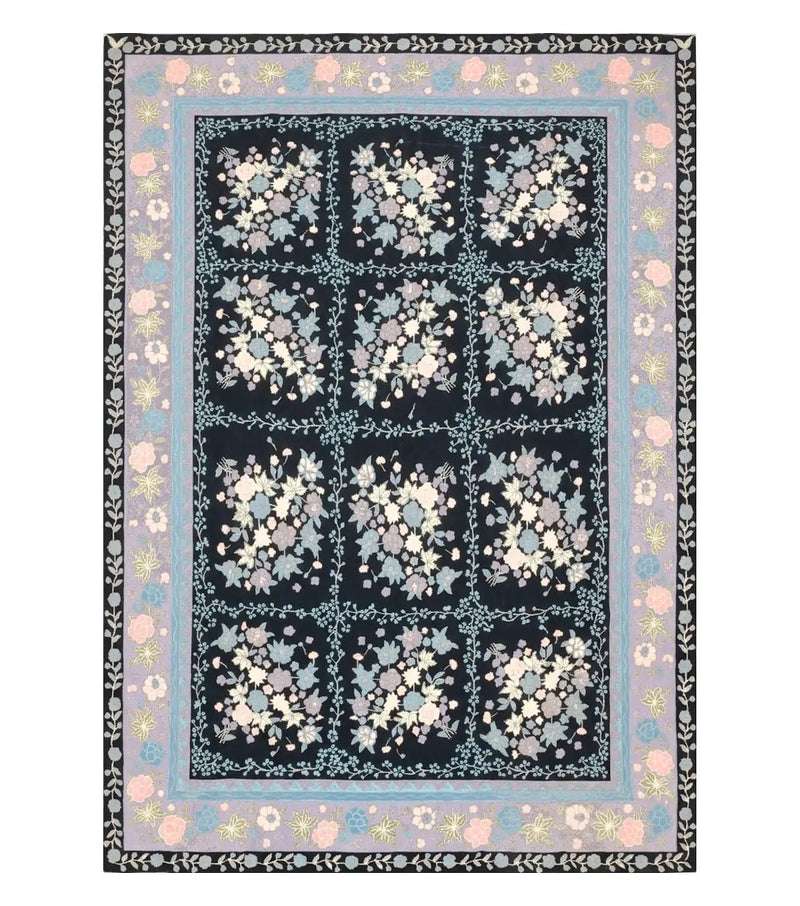 Chinese Needlepoint Rug 8 x 11.4, Hand-Woven Area Carpet, Flatweave Rug, Black Blue Light Violet Floral Garden European Design Wool Aubusson by Jewel Rugs
