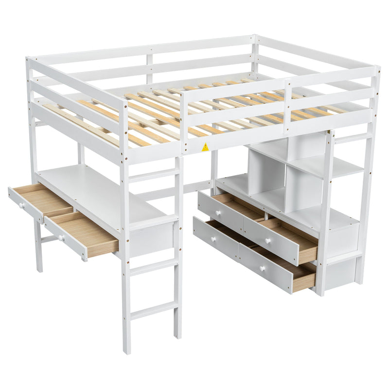 Full Size Loft Bed With Built In Desk, 2 Drawers, Storage Shelves - White by HouseOfZazla