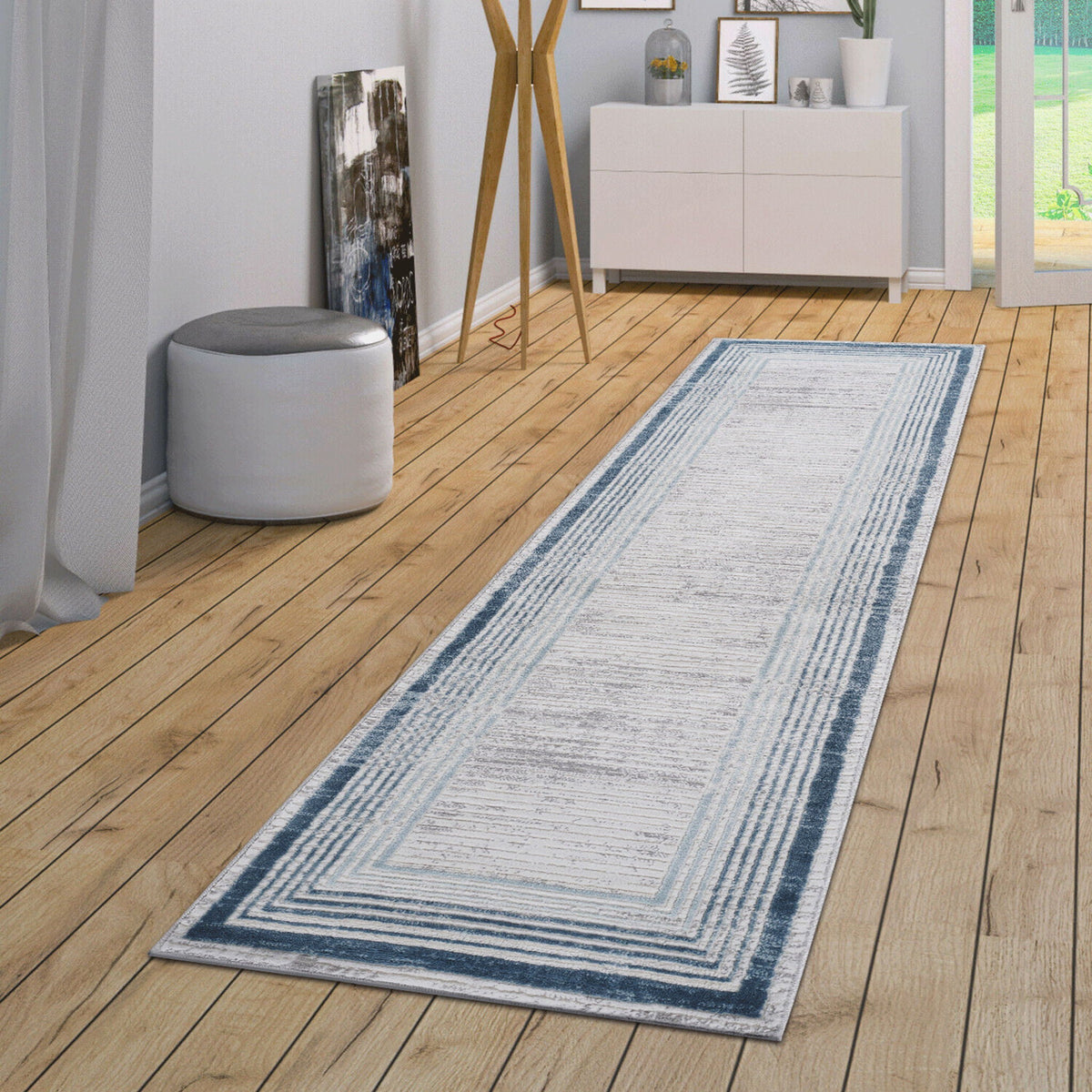 Bordered Runner Rug with Stain Resistance - Blue or Light Brown, photo 7 of 14