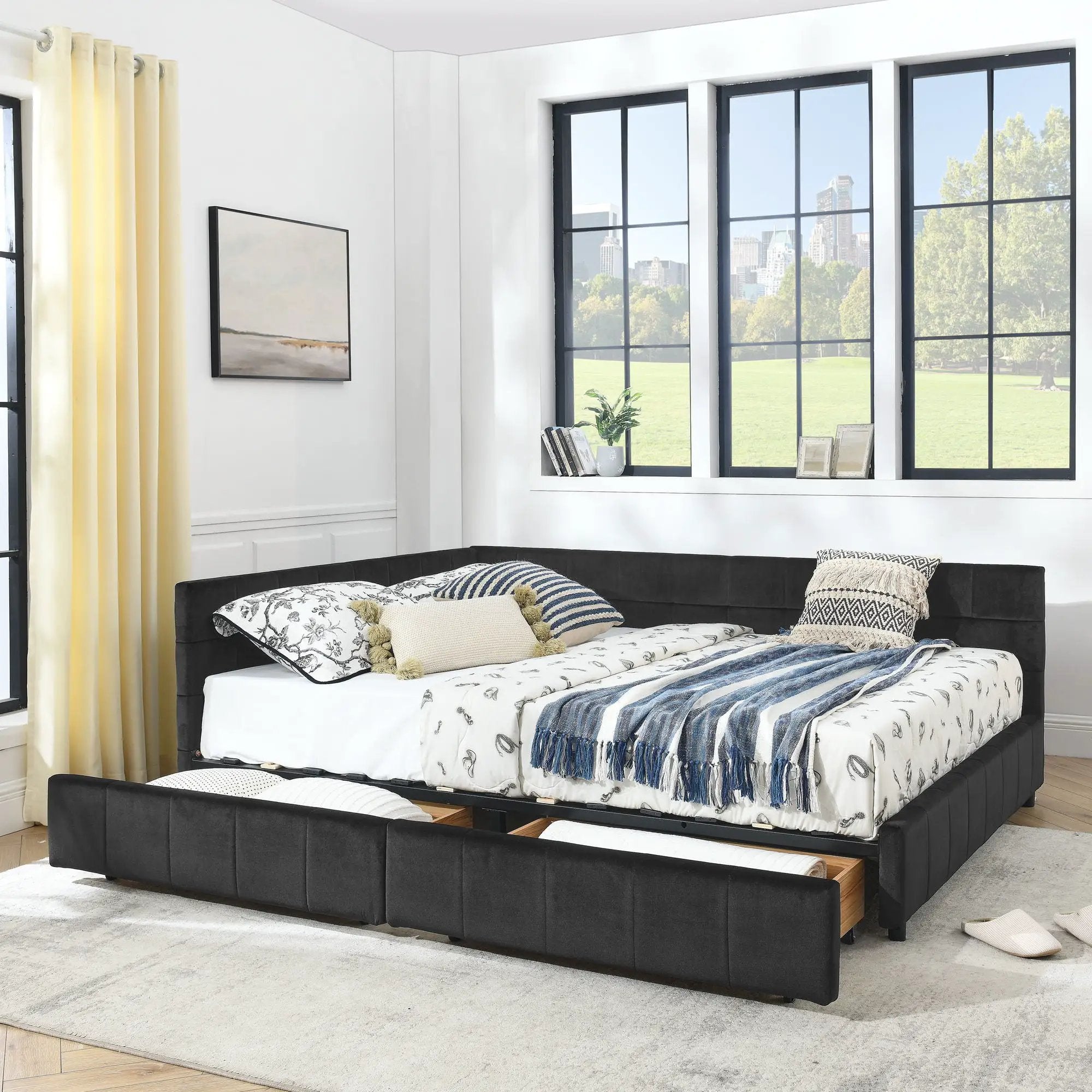 Mid-Century Storage Upholstered Tufted Bed Frame With Backrest And Armrests by HouseOfZazla