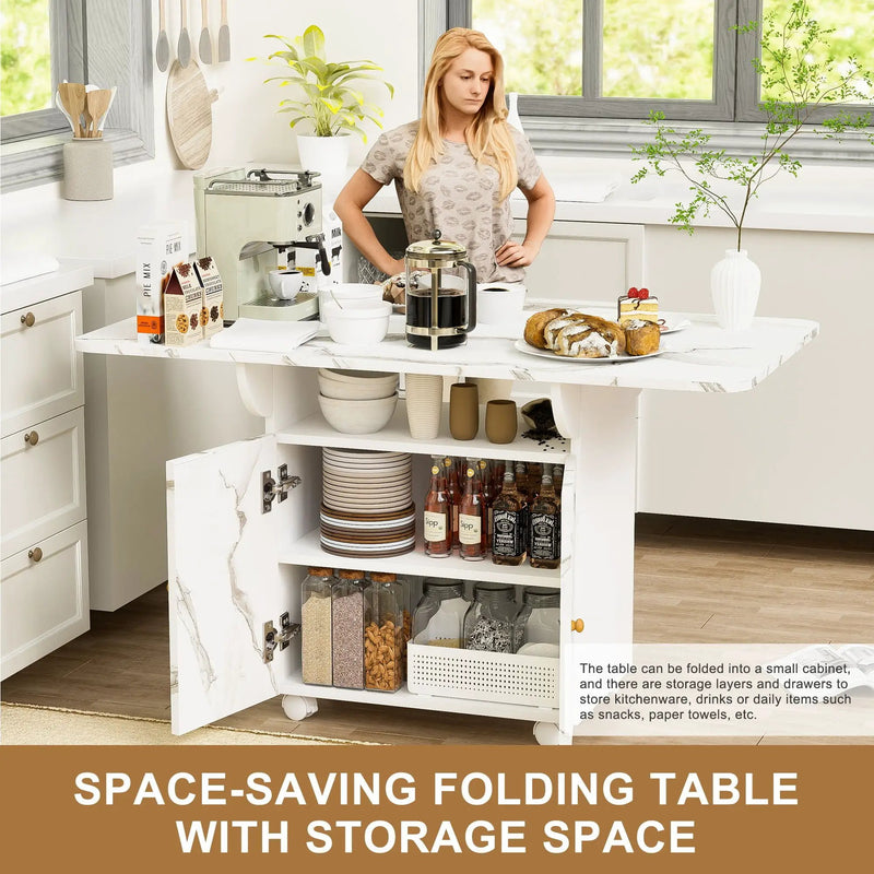 Versatile Marble Folding Dining Table With Storage Rack And Cabinet, 6 Wheels - White by HouseOfZazla