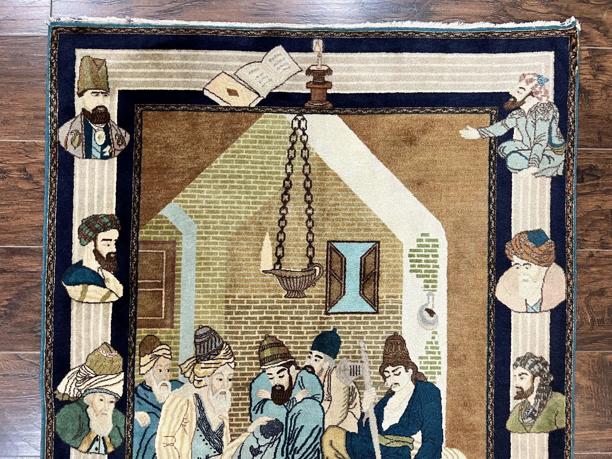 Persian Tabriz Pictorial Rug 3x5, Wall Hanging Carpet, Very Fine 60 Raj 475 KPSI, Hand Knotted Vintage Semi Antique, Wool, Persian Poetry by Jewel Rugs