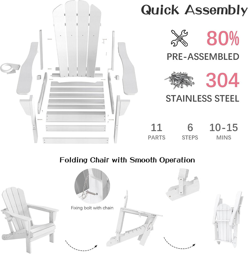 Adirondack Chairs Set of 2 - White Outdoor Folding Patio Seating, photo 6 of 8
