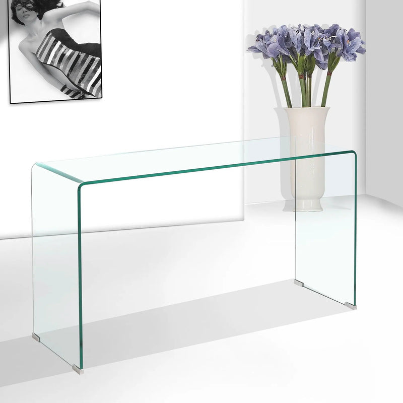 Elegant Transparent Tempered Glass Console Table With Rounded Edges, Modern Sofa Table - Clear by HouseOfZazla