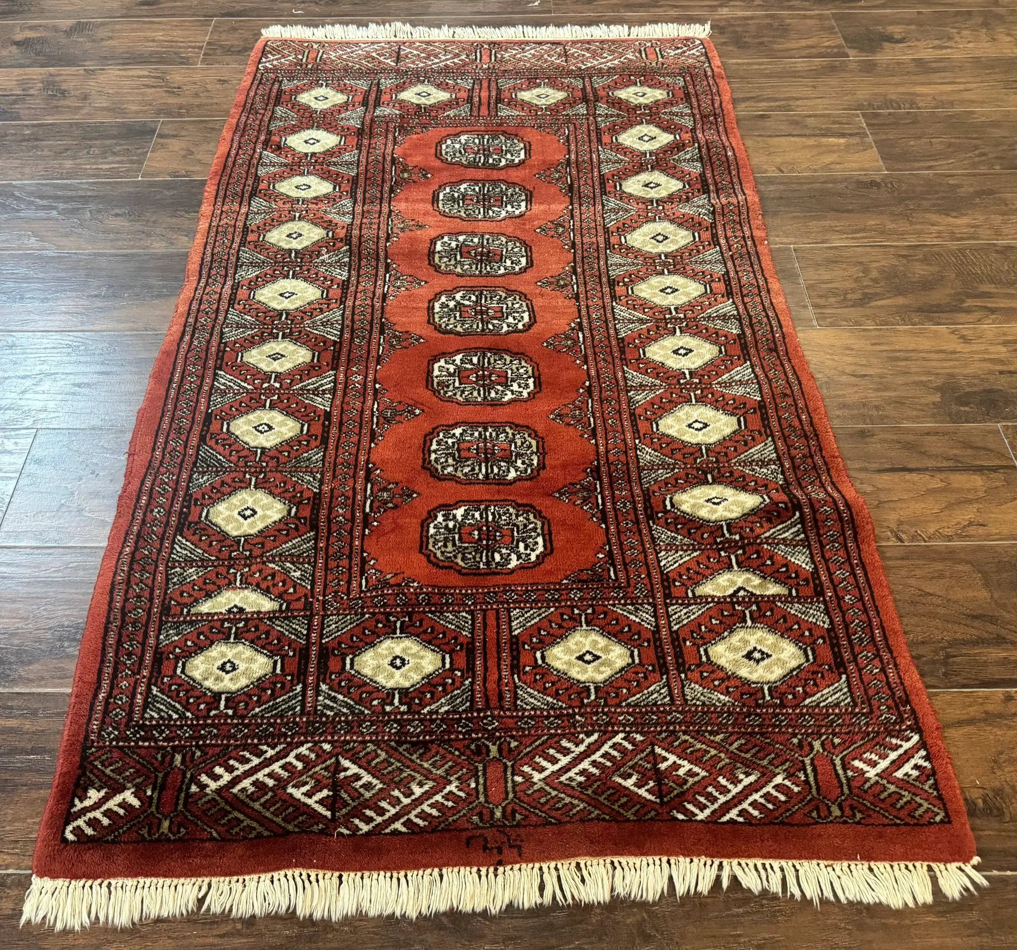 Red Pakistani Turkoman Rug 3x5, Bokhara Design, Vintage, Signed by Jewel Rugs