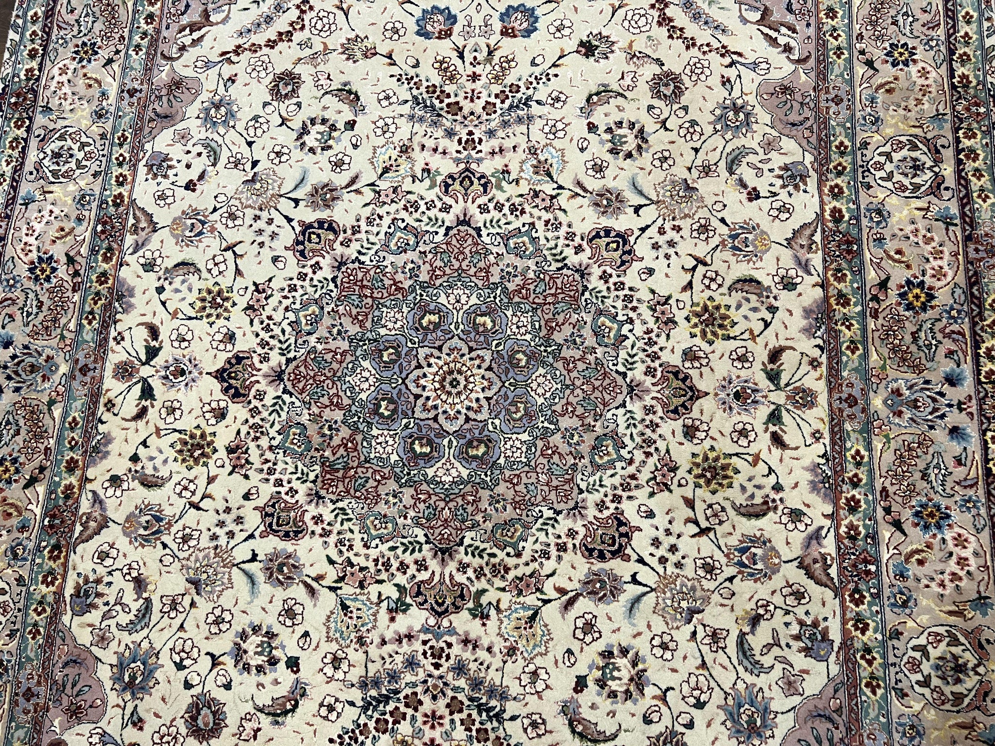 Beautiful Pak Persian Rug 6x9, Floral Medallion, Wool and Silk, Highly Detailed Elegant Carpet, Vintage Oriental Rug 6 x 9, Cream and Gray by Jewel Rugs