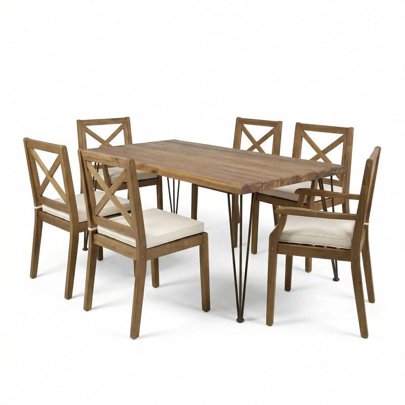 7 Pieces Acacia Wood Outdoor Dining Set with Cream Cushions by HouseOfZazla