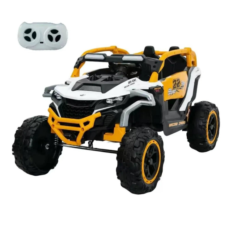 Ride On Models 12V Kids Electric Truck With Remote Control, Front & Rear Suspension, 2 Seater UTV, Flashlights, Music Player - Yellow / White by HouseOfZazla