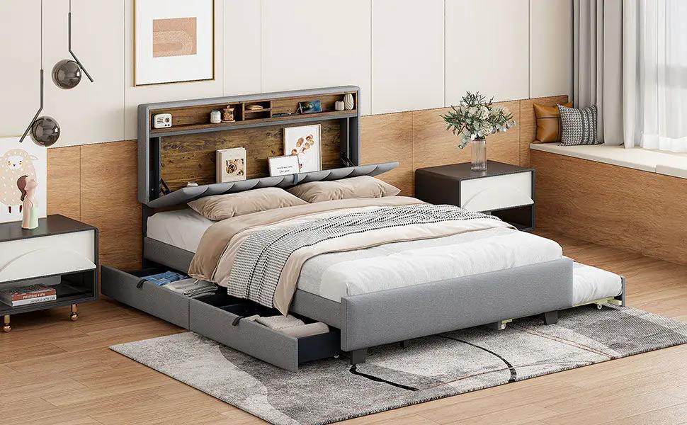Upholstered Platform Bed With Storage Headboard, Trundle & 2 Drawers And A Set Of Sockets & USB Ports by HouseOfZazla