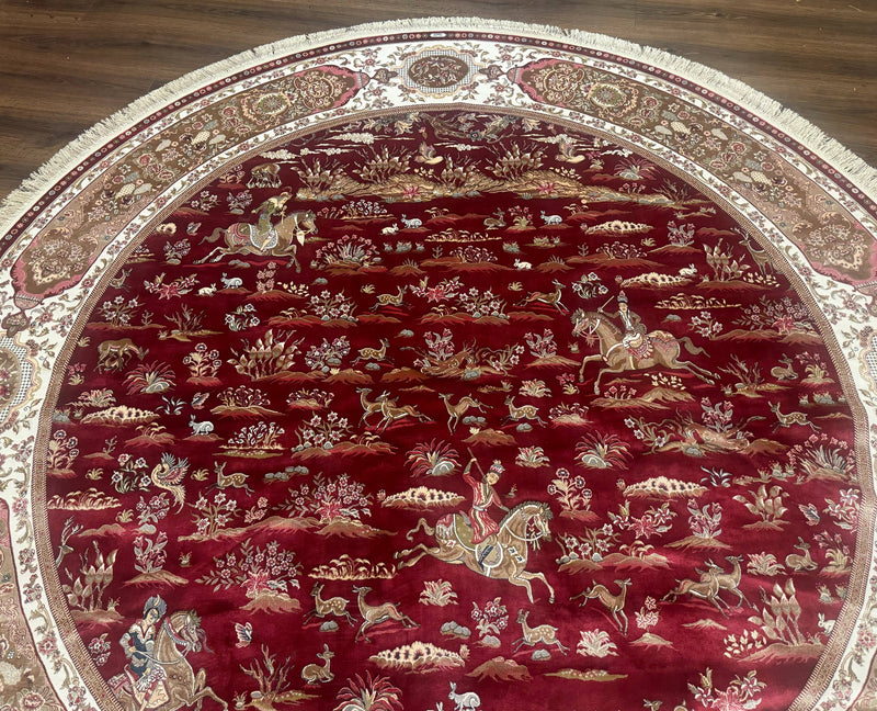 Large Round Turkish Silk Rug 8x8, Hunting Design, Dark Red & Ivory, Bamboo Silk by Jewel Rugs