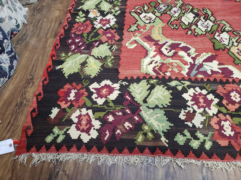 Karabakh Rug 8x11, Caucasian Kilim Rug, Vintage Antique Turkish Anatolian Azerbaijani Carpet, Wool Red & Black Hand-Woven 8 x 11 Living Room by Jewel Rugs