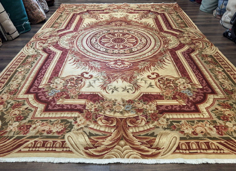 Large Aubusson Rug 10x13, Thick Flatweave Carpet, Elegant European Design, Cream and Raspberry by Jewel Rugs