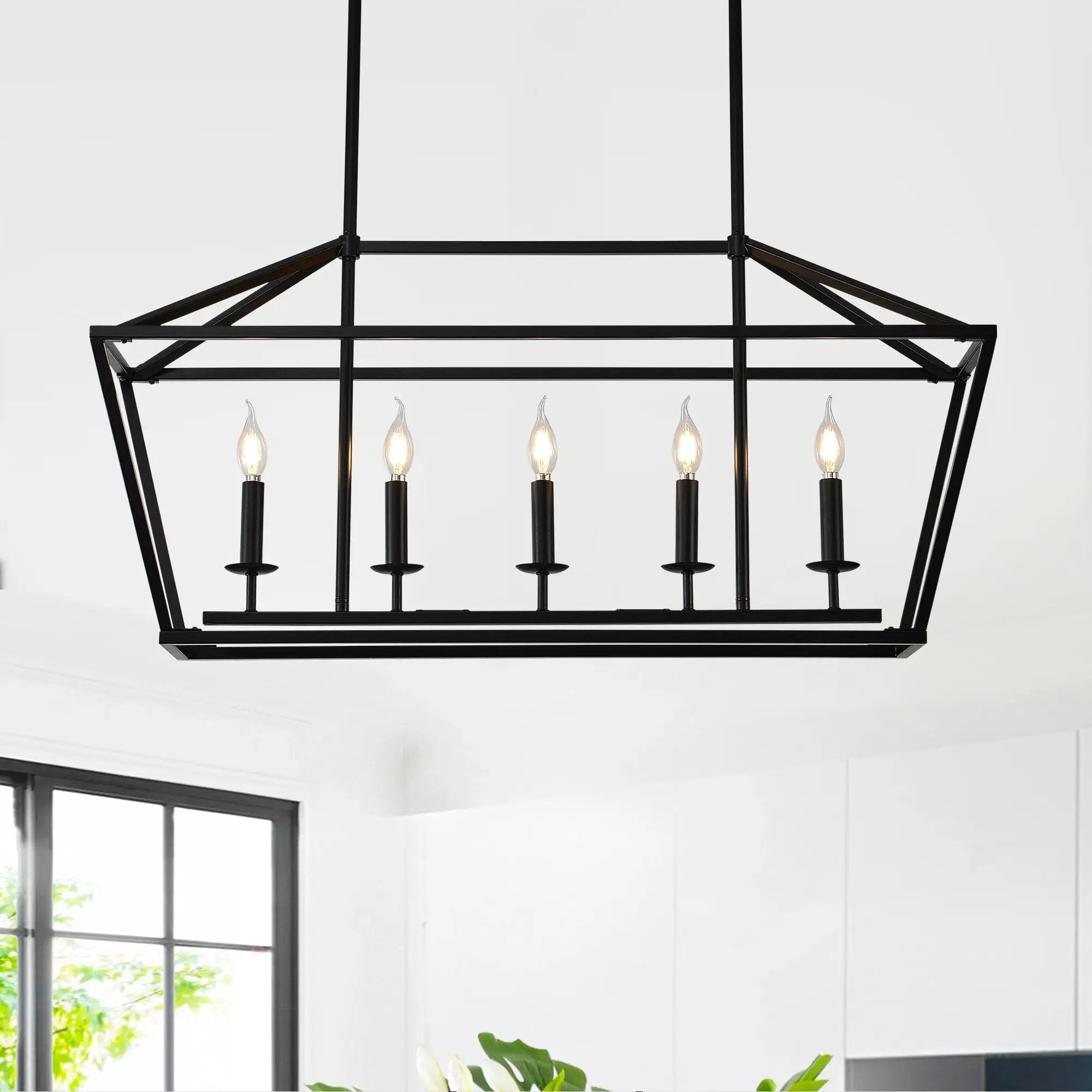 5 Light Farmhouse Kitchen Island Lighting, 5 Light Industrial Linear Chandelier For Dining Room Metal Hanging Pendant Light Fixture For Bedroom Living Room Hallway Conference Room - Matte Black by HouseOfZazla