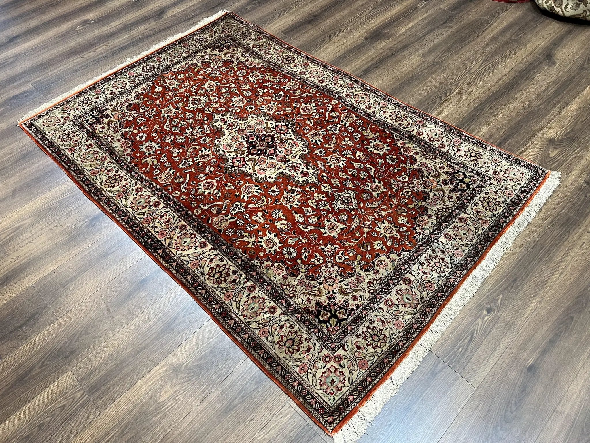 Persian Qum Silk Rug 5x7 - Floral Medallion, Birds, Orange-Red by Jewel Rugs