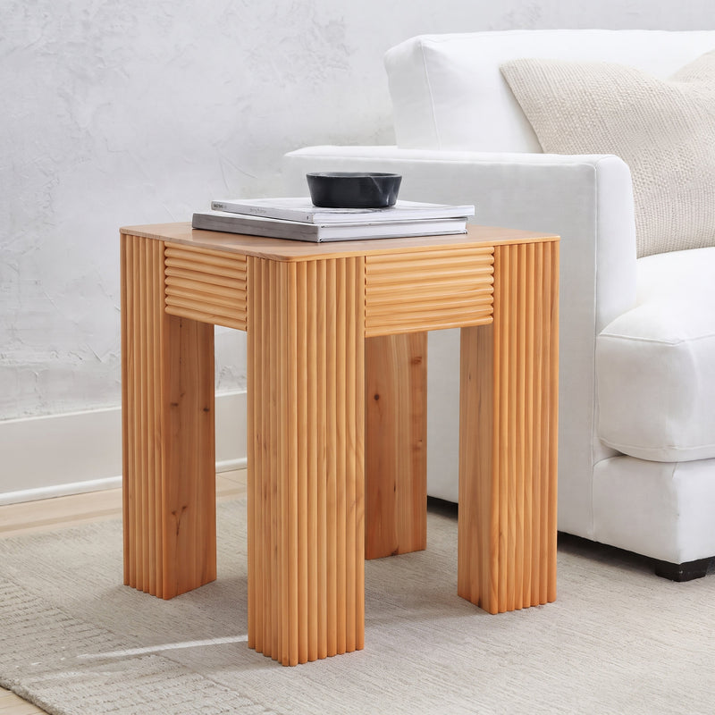 Natural Pine Wood Fluted Side Table with Elephant-Leg Design - Natural Pine