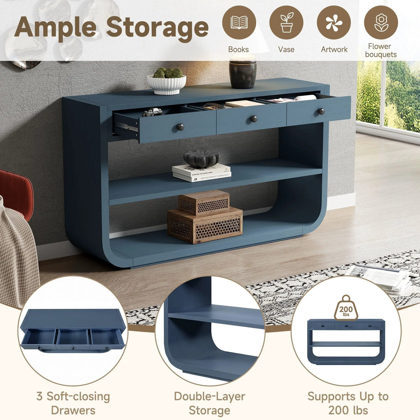 Console Table With 3 Soft Close Drawers & 2 Open Shelves by HouseOfZazla