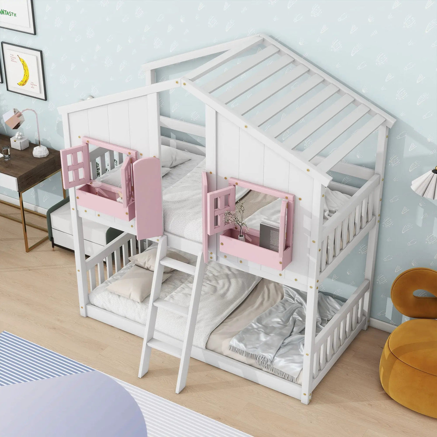 House Bunk Bed With Roof, Window, Window Box, Door, With Safety Guardrails And Ladder by HouseOfZazla